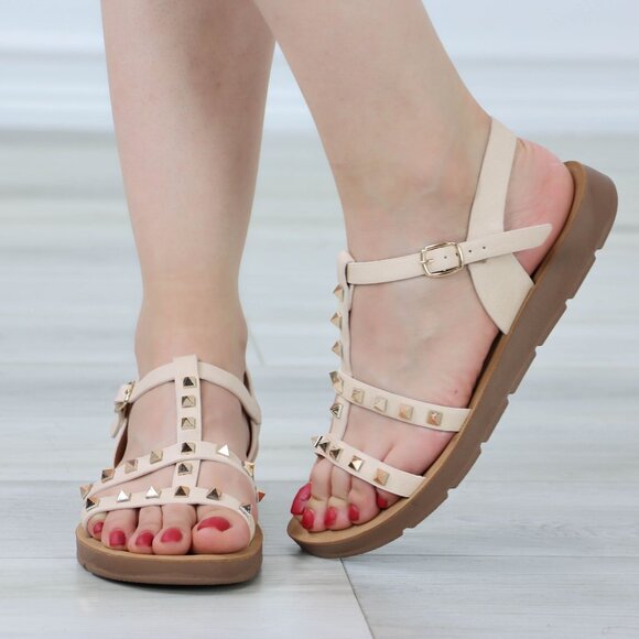 Nude Gladiator Sandal Comfy Flat Sole Metal Studs With Ankle Strap - Picture 10 of 11